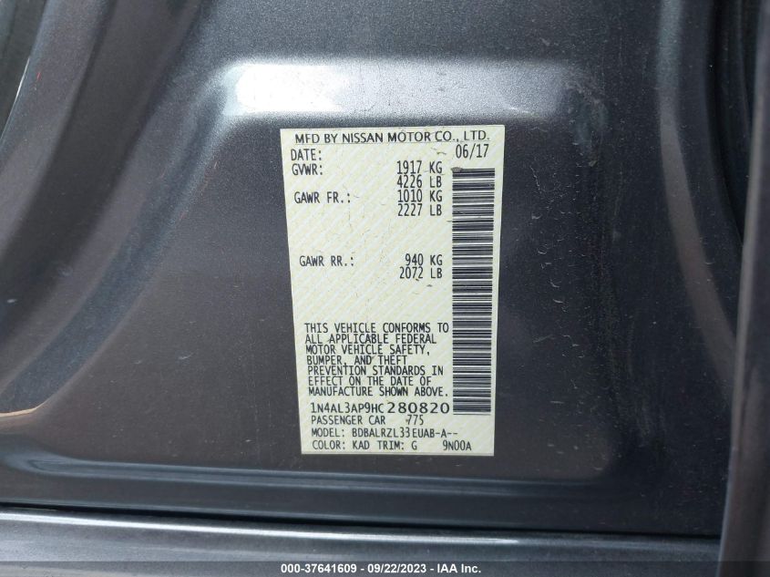 2017 NISSAN ALTIMA 2.5/S/SV/SL/SR - 1N4AL3AP9HC280820