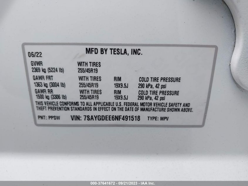 VIN 7SAYGDEE6NF491518 2022 TESLA MODEL Y LONG RANGE