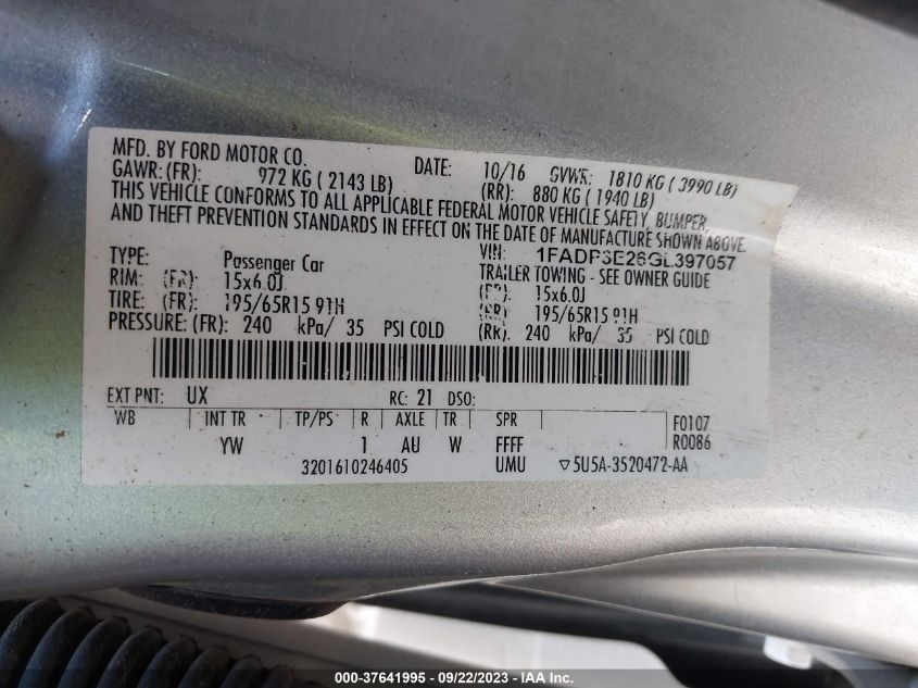 2016 FORD FOCUS S - 1FADP3E26GL397057