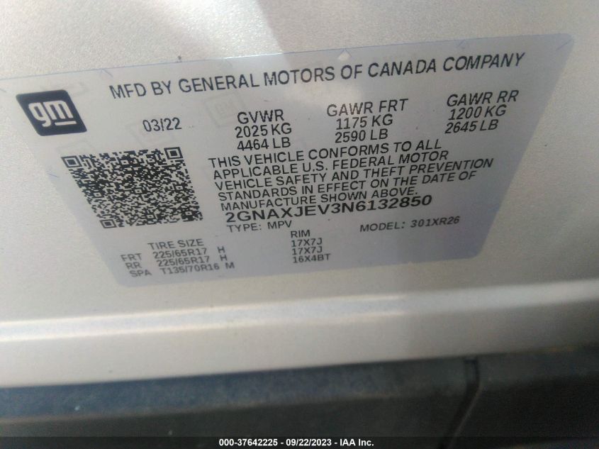2022 CHEVROLET EQUINOX LT - 2GNAXJEV3N6132850