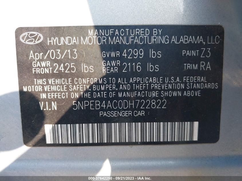 2013 HYUNDAI SONATA GLS - 5NPEB4AC0DH722822