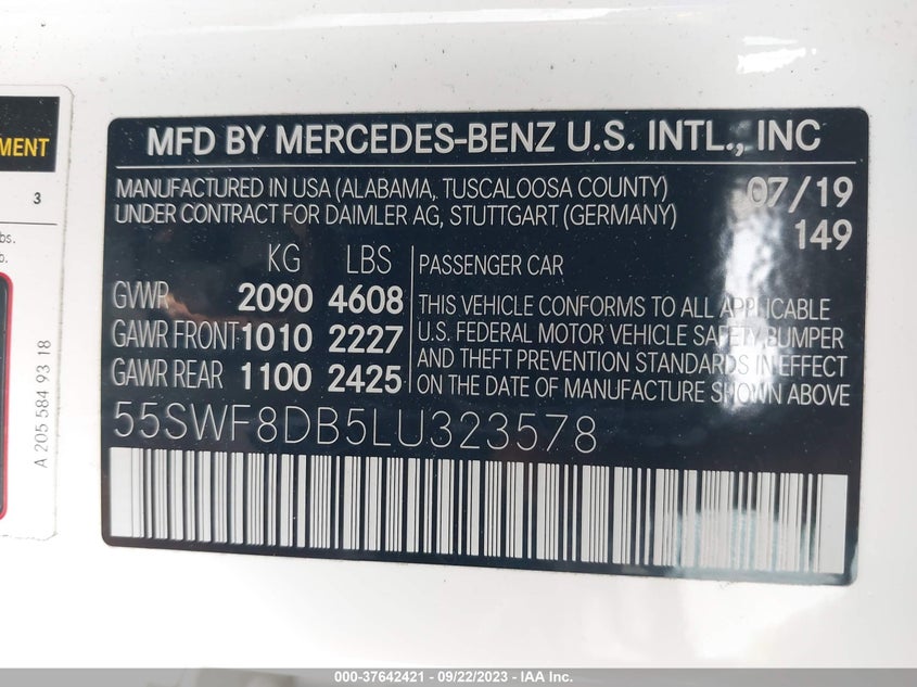 VIN 55SWF8DB5LU323578 2020 MERCEDES-BENZ C-CLASS C 300