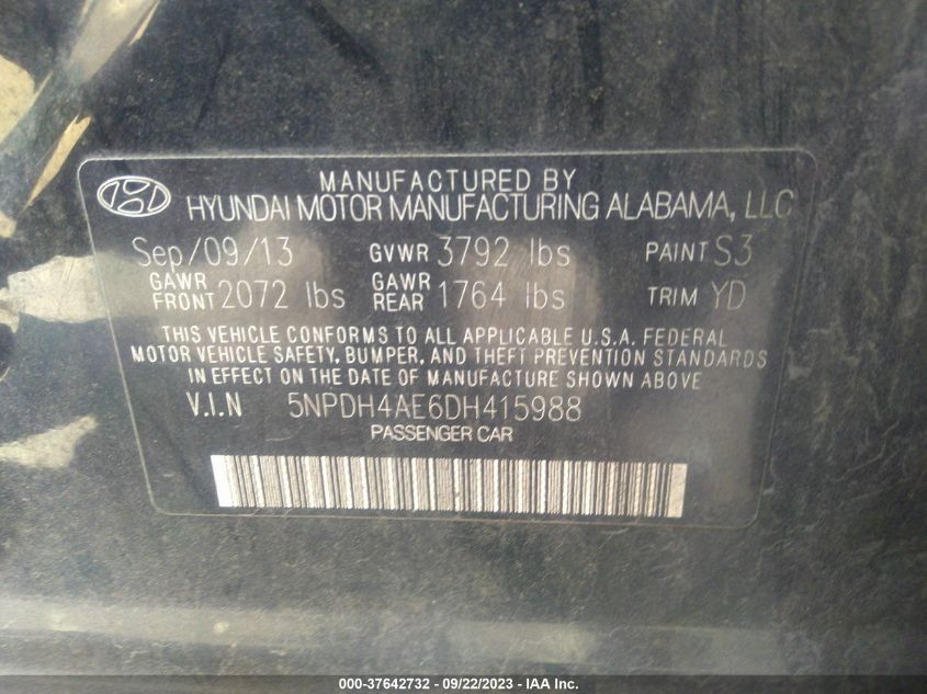 2013 HYUNDAI ELANTRA LIMITED - 5NPDH4AE6DH415988