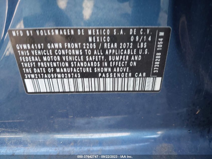 2015 VOLKSWAGEN GOLF TSI S W/SUNROOF - 3VW217AU9FM029743