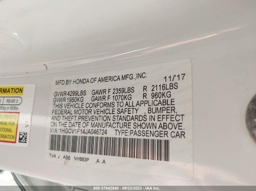 2018 HONDA ACCORD LX - 1HGCV1F14JA046724