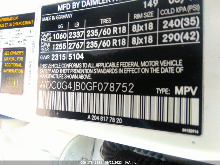 2016 MERCEDES-BENZ GLC GLC 300 - WDC0G4JB0GF078752