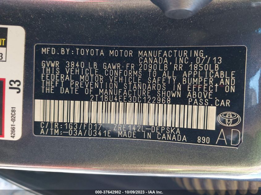 2013 TOYOTA COROLLA L/LE/S - 2T1BU4EE3DC122968