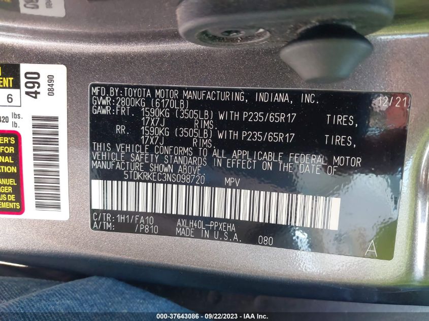 2022 TOYOTA SIENNA LE - 5TDKRKEC3NS098720