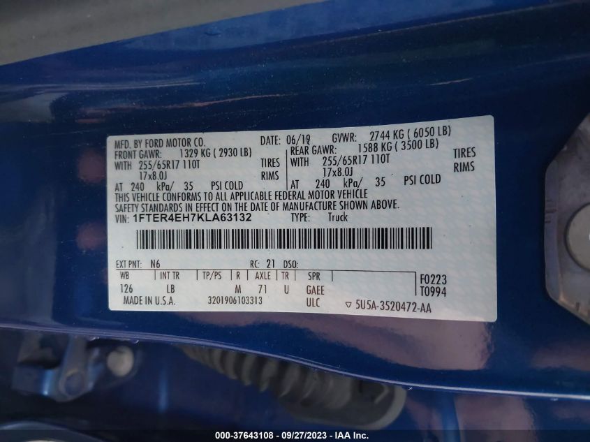 2019 FORD RANGER XLT - 1FTER4EH7KLA63132