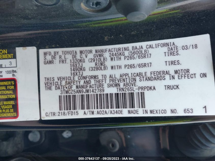 2018 TOYOTA TACOMA SR/SR5/TRD SPORT - 3TMCZ5AN9JM142789