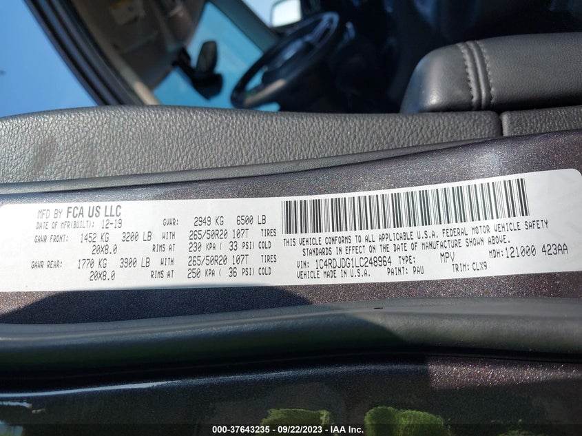 VIN 1C4RDJDG1LC248964 2020 DODGE DURANGO GT