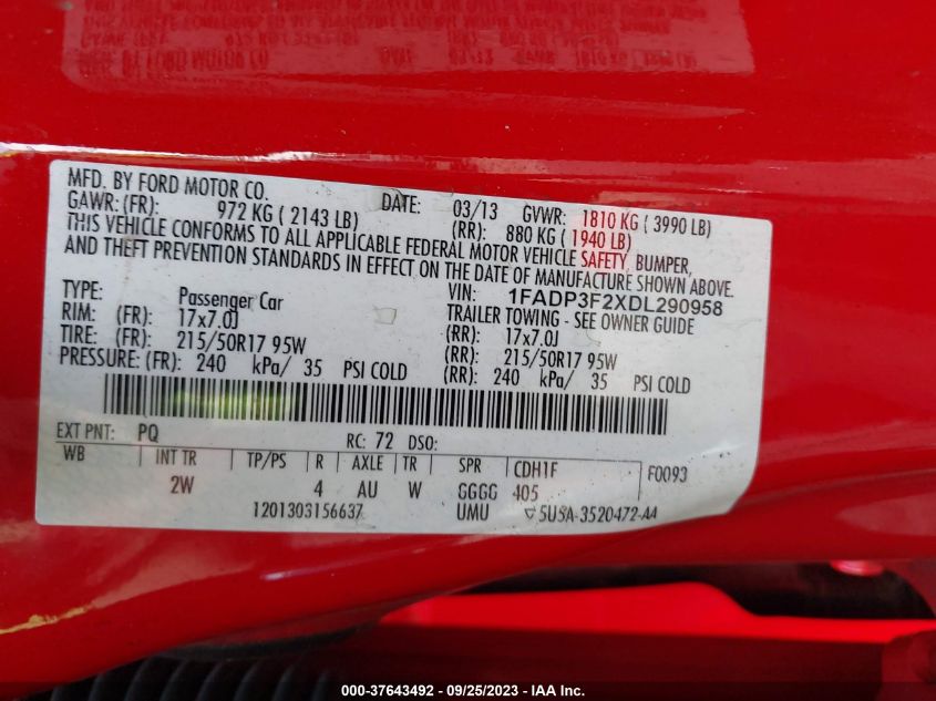 2013 FORD FOCUS SE - 1FADP3F2XDL290958