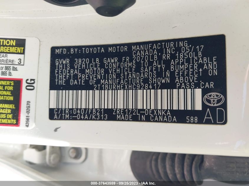 2017 TOYOTA COROLLA L/LE/XLE/SE - 2T1BURHEXHC928417