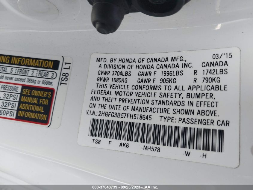 2015 HONDA CIVIC COUPE LX 2HGFG3B57FH518645