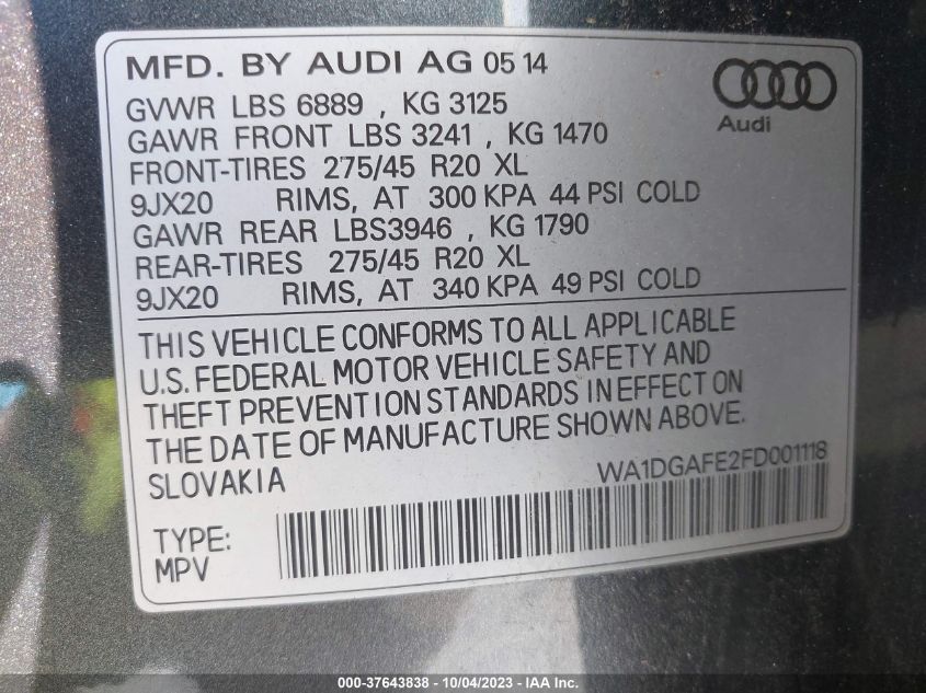 2015 AUDI Q7 3.0T S LINE PRESTIGE - WA1DGAFE2FD001118