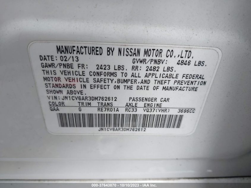 2013 INFINITI G37X - JN1CV6AR3DM762612