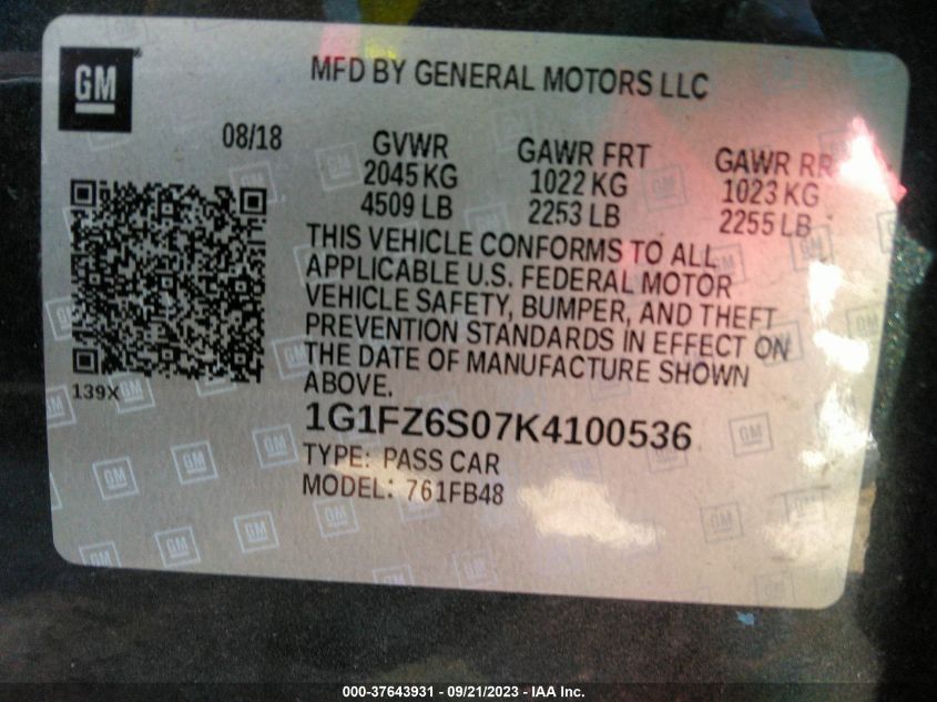 2019 CHEVROLET BOLT EV PREMIER - 1G1FZ6S07K4100536