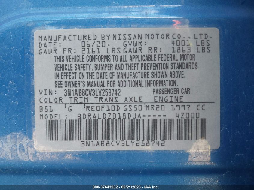 2020 NISSAN SENTRA SV - 3N1AB8CV3LY258742