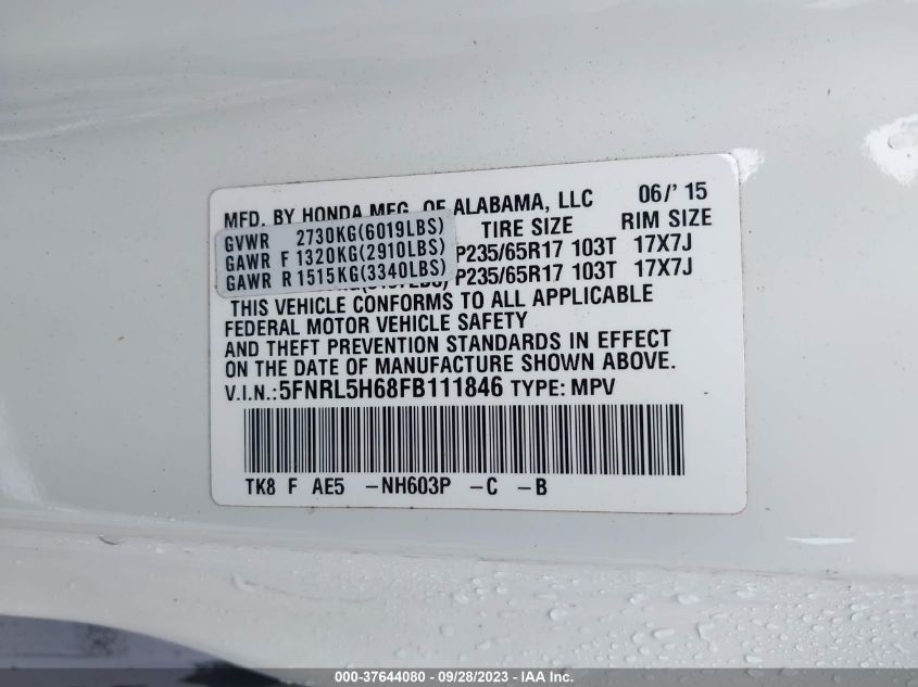 5FNRL5H68FB111846 2015 HONDA ODYSSEY, photo no. 9