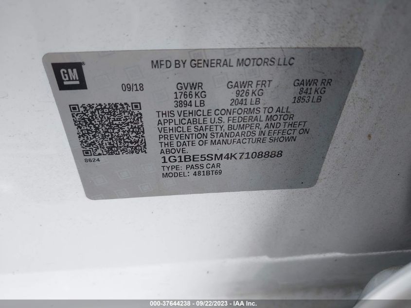 2019 CHEVROLET CRUZE LT - 1G1BE5SM4K7108888