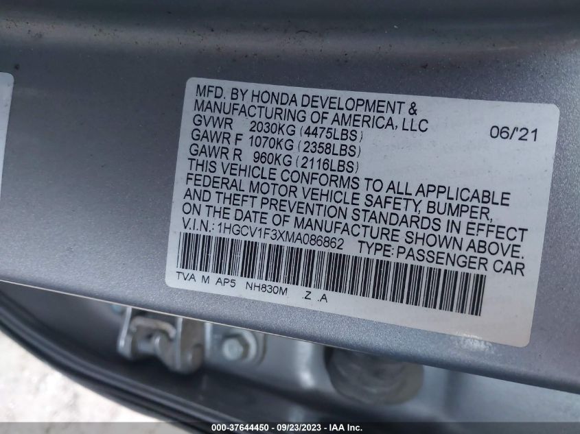 2021 HONDA ACCORD SEDAN SPORT - 1HGCV1F3XMA086862