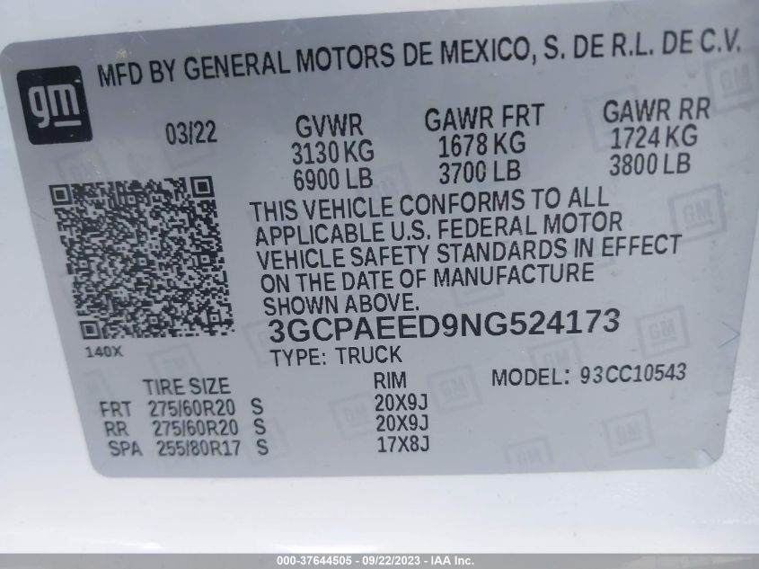 2022 CHEVROLET SILVERADO 1500 LTZ - 3GCPAEED9NG524173