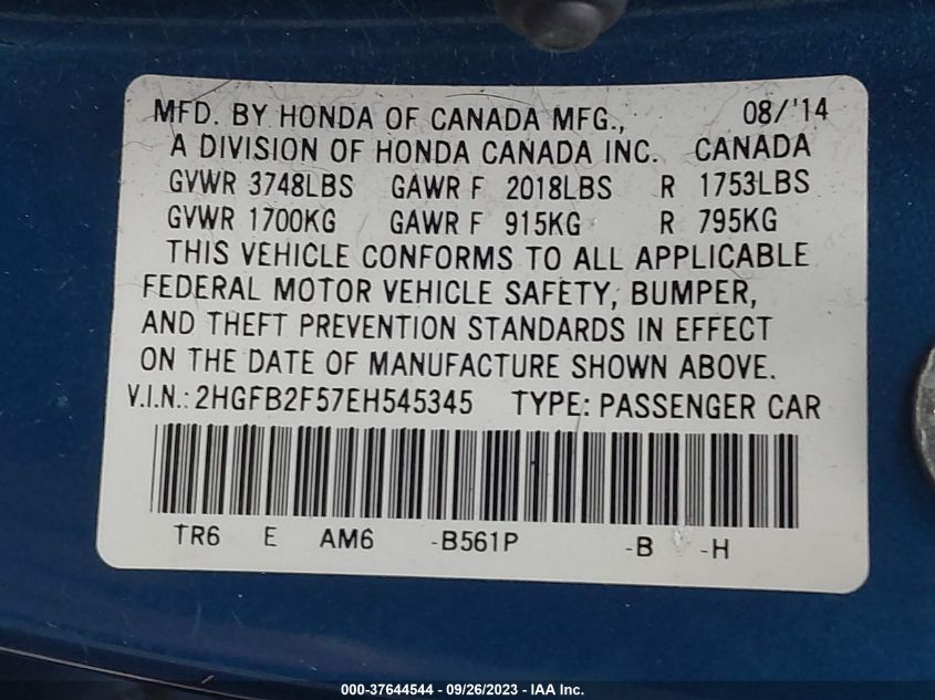 2014 HONDA CIVIC SEDAN LX - 2HGFB2F57EH545345