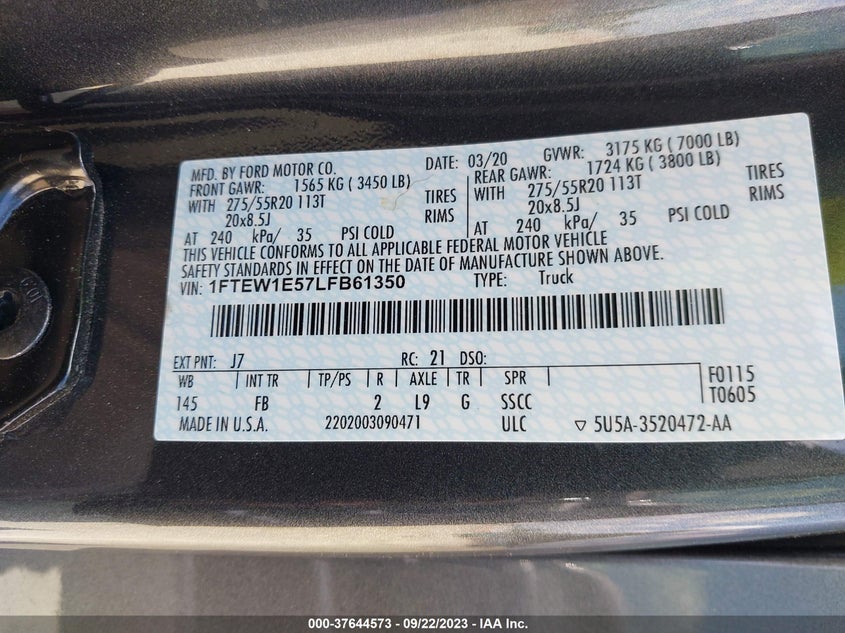 VIN 1FTEW1E57LFB61350 2020 FORD F-150 XL/XLT/LARIAT