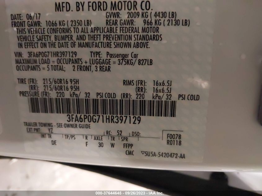 3FA6P0G71HR397129 2017 FORD FUSION, photo no. 9