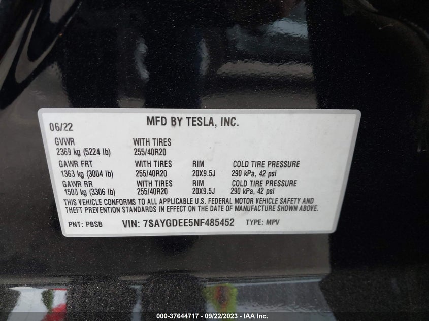 VIN 7SAYGDEE5NF485452 2022 TESLA MODEL Y LONG RANGE