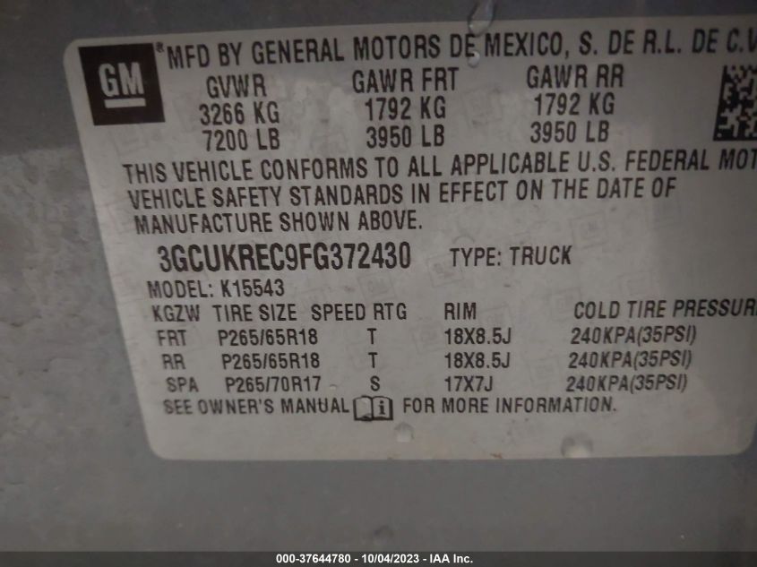 2015 CHEVROLET SILVERADO 1500 LT - 3GCUKREC9FG372430