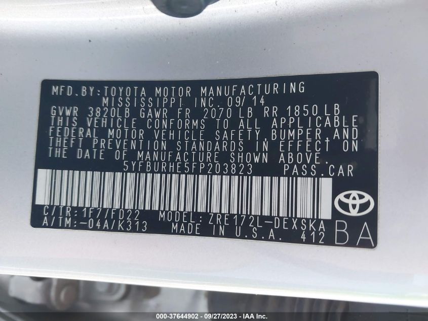 2015 TOYOTA COROLLA L/LE/S/S PLUS/LE PLUS - 5YFBURHE5FP203823
