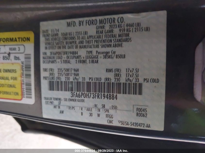 2015 FORD FUSION SE - 3FA6P0H73FR194884