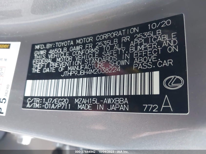 VIN JTHP9JBH4M2038224 2021 LEXUS UX 250H