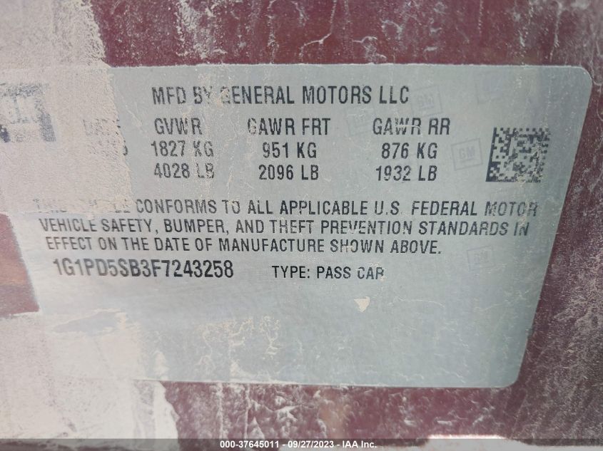 2015 CHEVROLET CRUZE LT - 1G1PD5SB3F7243258