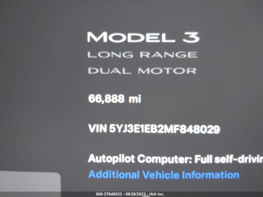VIN 5YJ3E1EB2MF848029 2021 TESLA MODEL 3 LONG RANGE