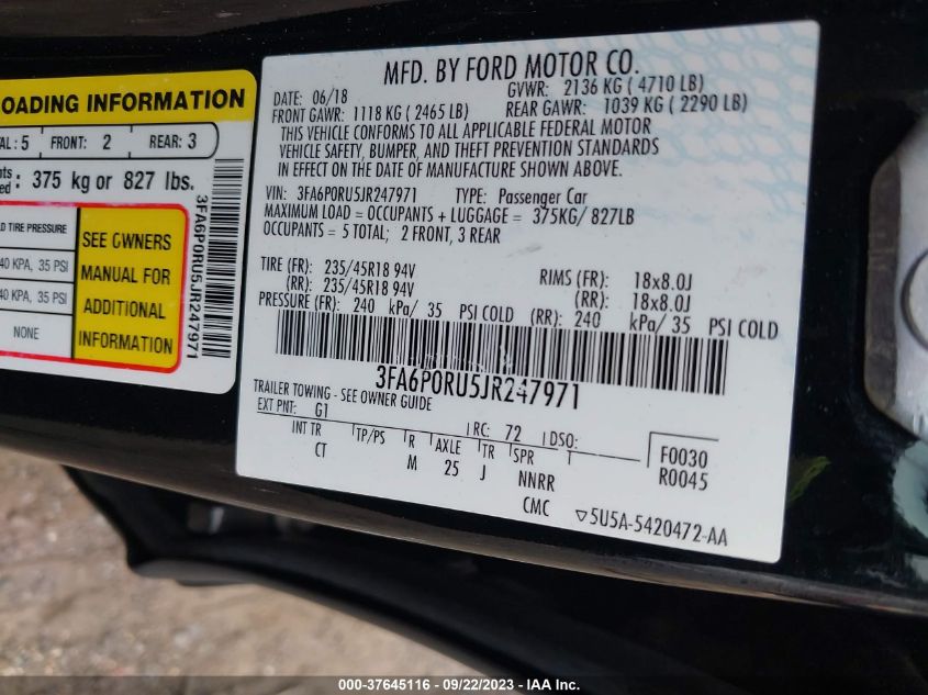 2018 FORD FUSION HYBRID TITANIUM/PLATINUM - 3FA6P0RU5JR247971