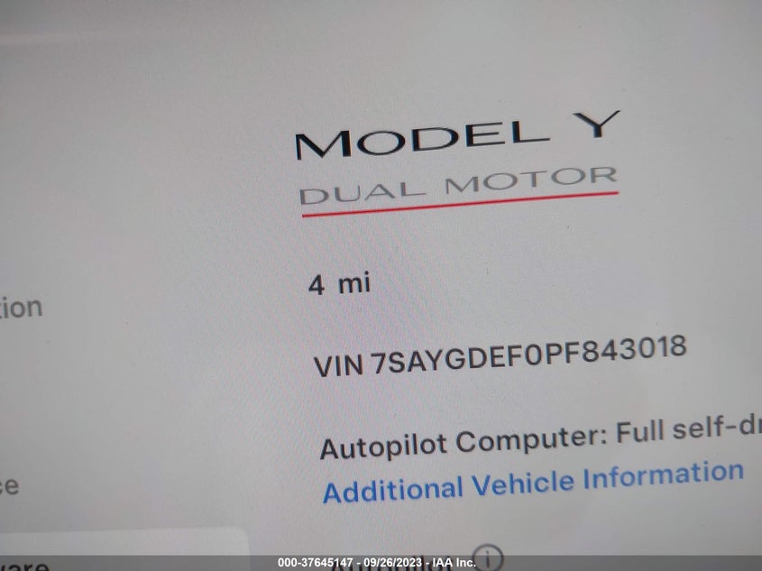 VIN 7SAYGDEF0PF843018 2023 TESLA MODEL Y PERFORMANCE