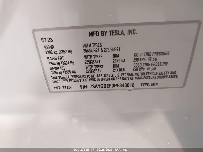 VIN 7SAYGDEF0PF843018 2023 TESLA MODEL Y PERFORMANCE