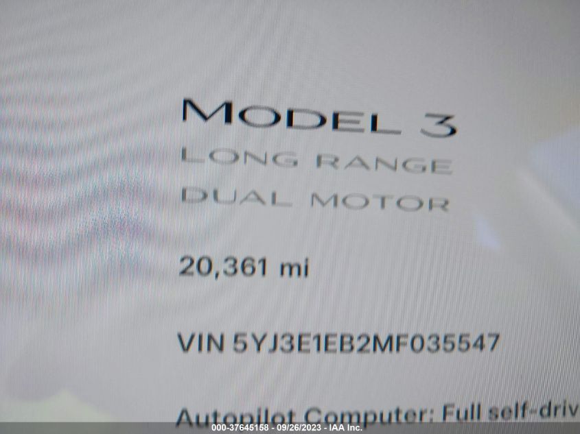 2021 TESLA MODEL 3 LONG RANGE - 5YJ3E1EB2MF035547