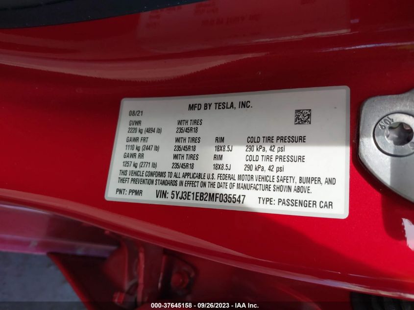 2021 TESLA MODEL 3 LONG RANGE - 5YJ3E1EB2MF035547