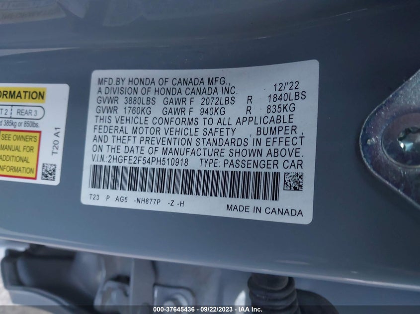 VIN 2HGFE2F54PH510918 2023 HONDA CIVIC SEDAN SPORT