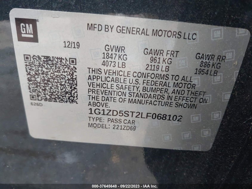 VIN 1G1ZD5ST2LF068102 2020 CHEVROLET MALIBU LT