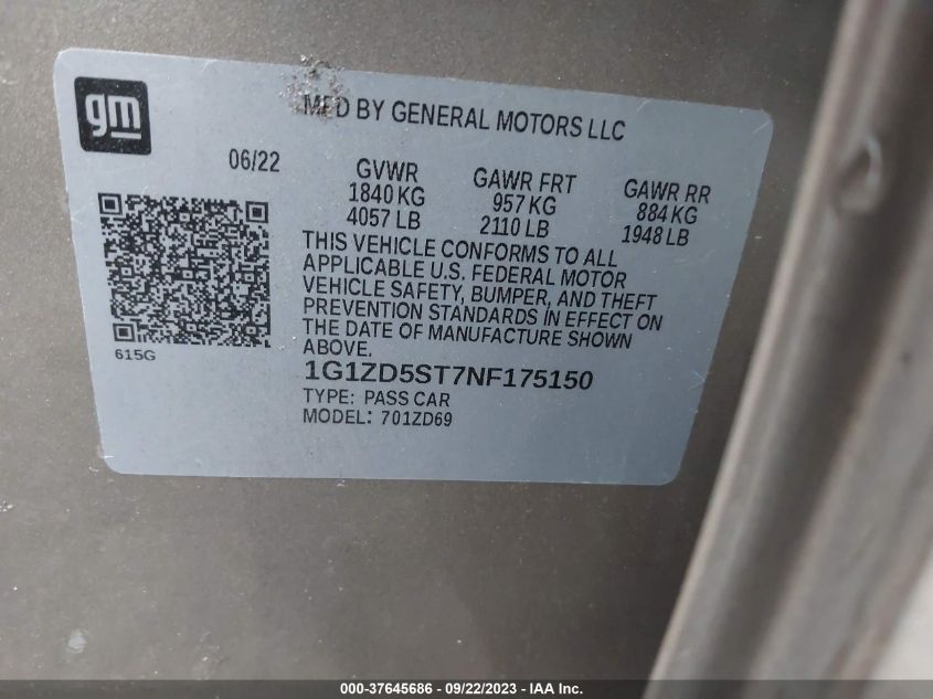 2022 CHEVROLET MALIBU LT - 1G1ZD5ST7NF175150