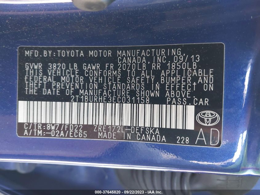 2014 TOYOTA COROLLA L/LE/LE PLS/PRM/S/S PLS - 2T1BURHE3EC031158