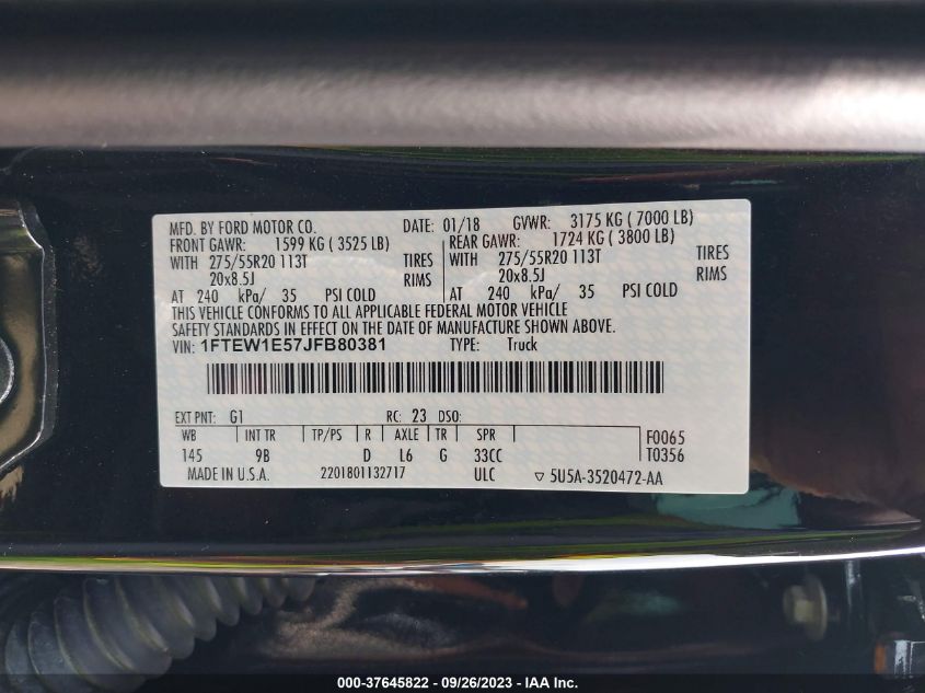 2018 FORD F-150 XL/XLT/LARIAT - 1FTEW1E57JFB80381