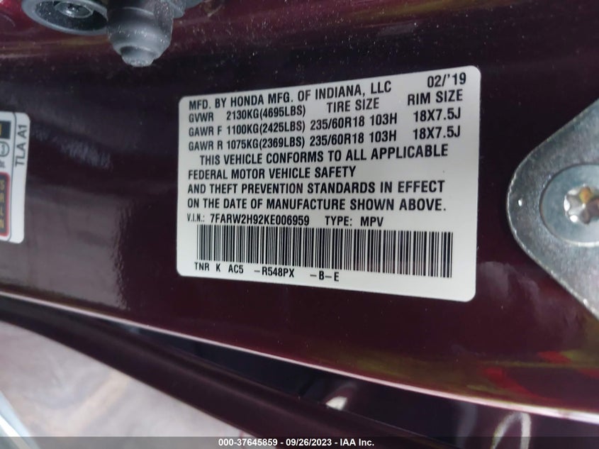 VIN 7FARW2H92KE006959 2019 HONDA CR-V TOURING