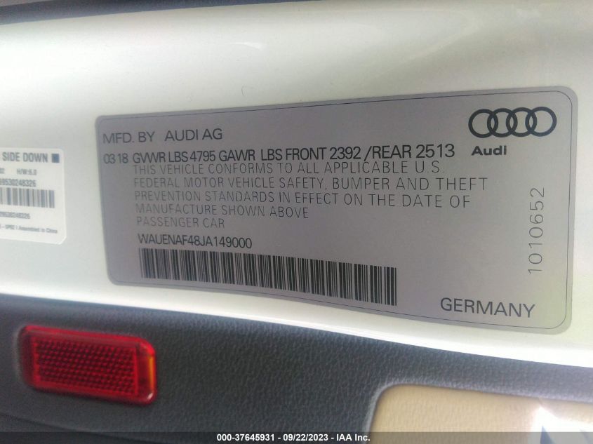 WAUENAF48JA149000 2018 AUDI A4, photo no. 9