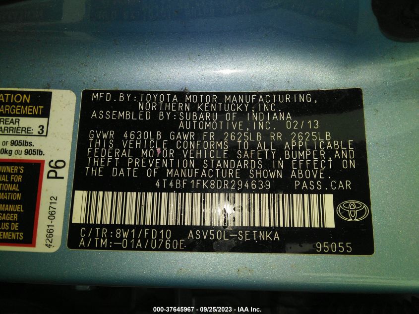 2013 TOYOTA CAMRY L/LE/SE/XLE - 4T4BF1FK8DR294639