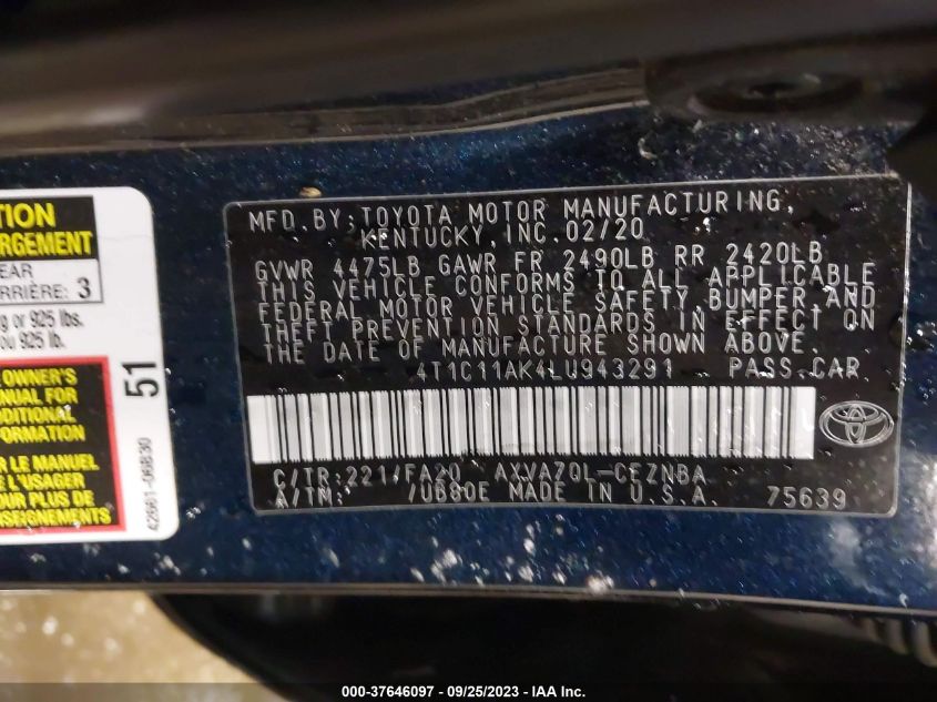 2020 TOYOTA CAMRY LE - 4T1C11AK4LU943291